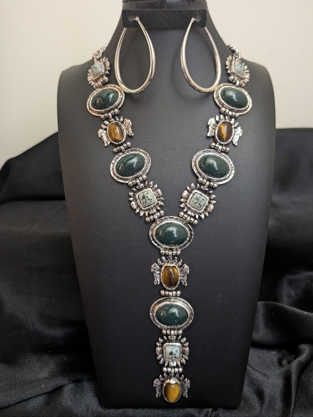 #18. Long Reconstituted Tigers Eye Silver Necklace With Earrings